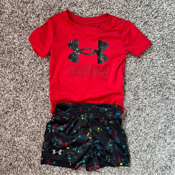 6-9 Month Baby Boy Under Armour Outfit Red Top Black Shorts Matching Set - Picture 1 of 7